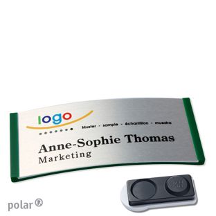 Jmenovky polar® alu-complete, magnet Magnet smag®, extra silný | zelená | stříbrná | 74 x 34 mm
