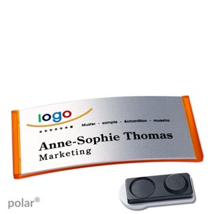 Jmenovky polar® alu-complete, magnet Magnet smag®, extra silný | průsvitné provedení, oranžová | stříbrná | 74 x 34 mm