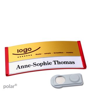Jmenovky polar® alu-print, magnet Magnet smag® | průsvitné provedení, červená | zlatá | 74 x 34 mm
