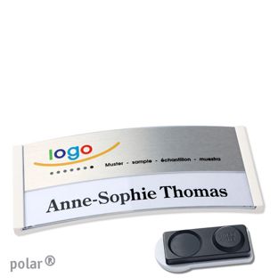 Name badges polar® alu-print magnet smag® magnet, extra strong | white | silver | 74 x 34 mm