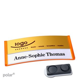 Jmenovky polar® alu-print, magnet Magnet smag®, extra silný | průsvitné provedení, oranžová | zlatá | 74 x 34 mm