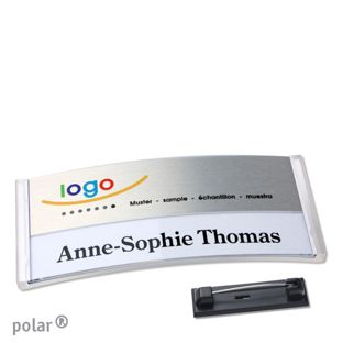 Jmenovky polar® alu-print se špendlíkem transparentní provedení | stříbrná | 74 x 34 mm