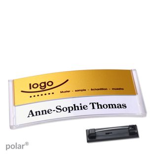 Jmenovky polar® alu-print se špendlíkem transparentní provedení | zlatá | 74 x 34 mm