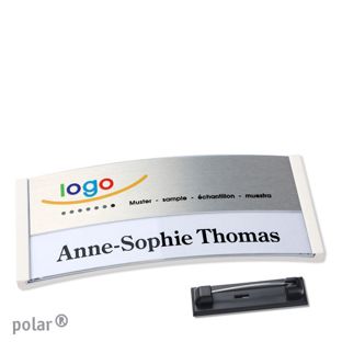Jmenovky polar® alu-print se špendlíkem bílá | stříbrná | 74 x 34 mm