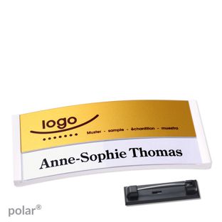 Jmenovky polar® alu-print se špendlíkem bílá | zlatá | 74 x 34 mm