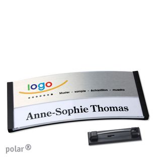 Jmenovky polar® alu-print se špendlíkem černá | stříbrná | 74 x 34 mm