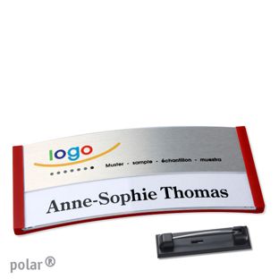 Jmenovky polar® alu-print se špendlíkem červená | stříbrná | 74 x 34 mm