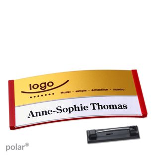 Jmenovky polar® alu-print se špendlíkem červená | zlatá | 74 x 34 mm