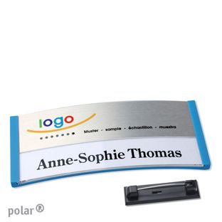 Jmenovky polar® alu-print se špendlíkem středně modrá | stříbrná | 74 x 34 mm
