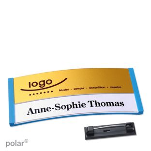 Jmenovky polar® alu-print se špendlíkem středně modrá | zlatá | 74 x 34 mm