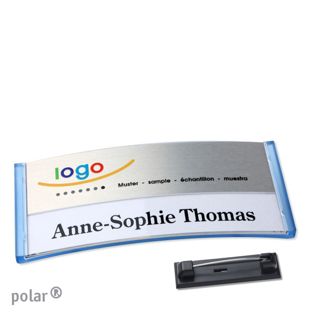 Jmenovky polar® alu-print se špendlíkem průsvitné provedení, modrá | stříbrná | 74 x 34 mm