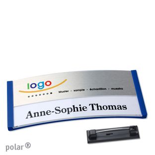 Jmenovky polar® alu-print se špendlíkem modrá | stříbrná | 74 x 34 mm