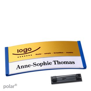 Jmenovky polar® alu-print se špendlíkem modrá | zlatá | 74 x 34 mm