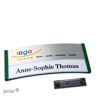 Jmenovky polar® alu-print se špendlíkem zelená | stříbrná | 74 x 34 mm