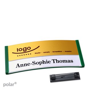 Jmenovky polar® alu-print se špendlíkem zelená | zlatá | 74 x 34 mm