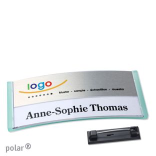 Jmenovky polar® alu-print se špendlíkem průsvitné provedení, zelená | stříbrná | 74 x 34 mm