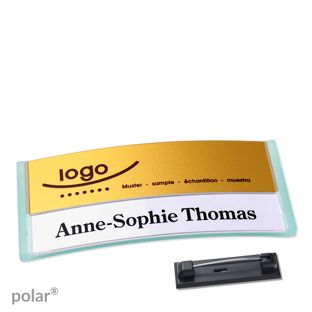 Jmenovky polar® alu-print se špendlíkem průsvitné provedení, zelená | zlatá | 74 x 34 mm