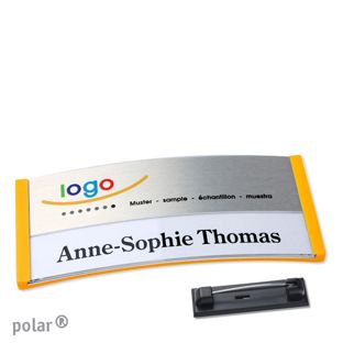 Jmenovky polar® alu-print se špendlíkem žlutá | stříbrná | 74 x 34 mm