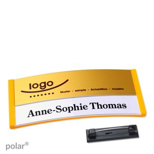 Jmenovky polar® alu-print se špendlíkem žlutá | zlatá | 74 x 34 mm