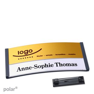 Jmenovky polar® alu-print se špendlíkem antracitová | zlatá | 74 x 34 mm