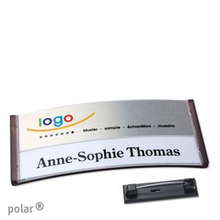 Jmenovky polar® alu-print se špendlíkem průsvitné provedení, antracitová | stříbrná | 74 x 34 mm