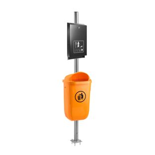 Dog waste station with bag dispenser, outdoor, orange bin, dispenser black