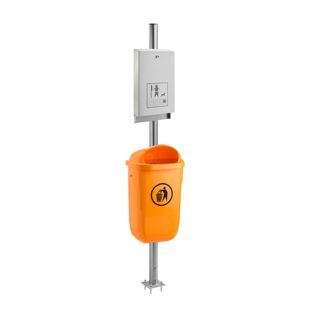 Dog waste station with bag dispenser, outdoor, orange bin, dispenser light grey