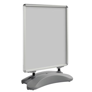 Pavement sign STORM-STOP Lite A0 with water base, windproof, 32 mm profile, rounded corners silver 