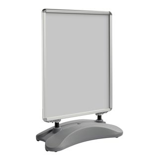 Zákaznický poutač STORM-STOP Lite B1 s nádrží na vodu, odolný vůči větru, profil 32 mm, oblé rohy, stříbrný 