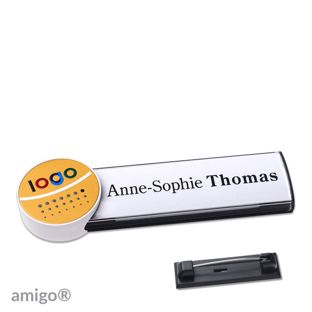 Name badges amigo® alu-print stainless steel pin anthracite  | circle  | white  | gold 