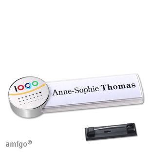 Name badges amigo® alu-print stainless steel pin white  | circle  | stainless steel  | silver 
