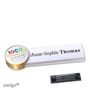 Name badges amigo® alu-print stainless steel pin white  | circle  | gold  | silver 