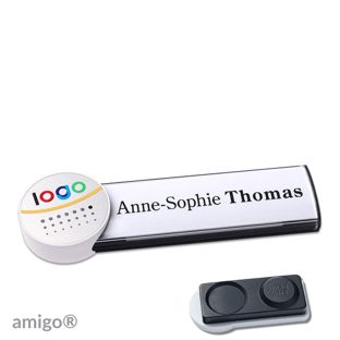 Name badges amigo® alu-print magnet anthracite  | smag® magnet, extra strong  | circle  | white  | silver 