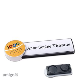 Name badges amigo® alu-print magnet anthracite  | smag® magnet, extra strong  | circle  | white  | gold 