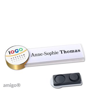 Name badges amigo® alu-print magnet white  | smag® magnet, extra strong  | circle  | gold  | white 