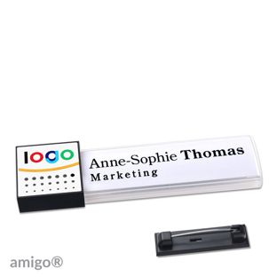 Name badges amigo® alu-print magnet white  | Stainless steel pin  | square  | anthracite  | white 