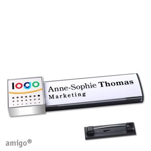 Name badges amigo® alu-print magnet anthracite  | Stainless steel pin  | square  | chrome  | silver 
