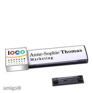 Name badges amigo® alu-print magnet anthracite  | Stainless steel pin  | square  | chrome  | white 