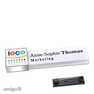 Name badges amigo® alu-print magnet white  | Stainless steel pin  | square  | chrome  | white 