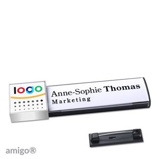Name badges amigo® alu-print magnet anthracite  | Stainless steel pin  | square  | stainless steel  | white 