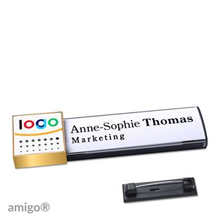 Name badges amigo® alu-print magnet anthracite  | Stainless steel pin  | square  | gold  | white 