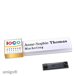 Name badges amigo® alu-print magnet white  | Stainless steel pin  | square  | gold  | white 
