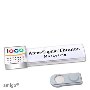 Name badges amigo® alu-print magnet white  | smag® Magnet  | square  | chrome  | silver 
