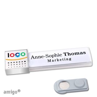 Name badges amigo® alu-print magnet white  | smag® Magnet  | square  | stainless steel  | silver 