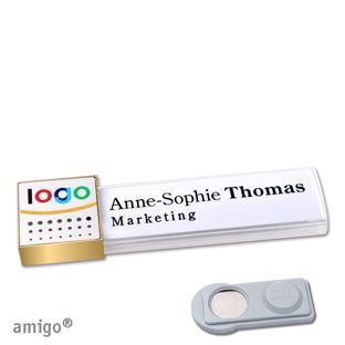 Name badges amigo® alu-print magnet white  | smag® Magnet  | square  | gold  | silver 