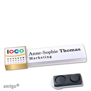 Name badges amigo® alu-print magnet white  | smag® magnet, extra strong  | square  | gold  | silver 