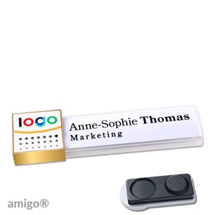 Name badges amigo® alu-print magnet white  | smag® magnet, extra strong  | square  | gold  | white 
