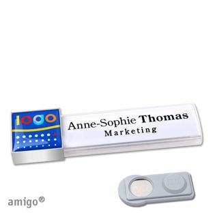 Name badges amigo® doming magnet white  | smag® Magnet  | square  | stainless steel  |  