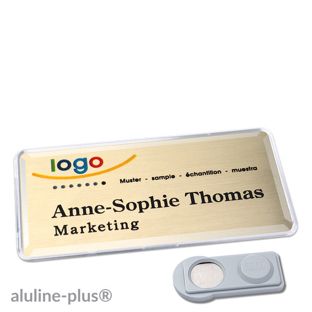 Name badges aluline-plus®, magnetic 76 x 38 mm  | gold  | smag® Magnet 