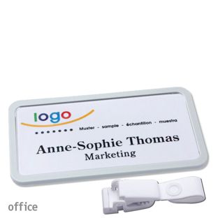 Name badges with hanger clip Office 75 x 37 mm  | light grey  | Hanger clip metal-free 